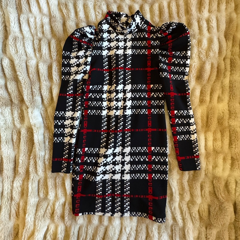 Girls Black, White & Red Plaid Long-Sleeve Casual Dress